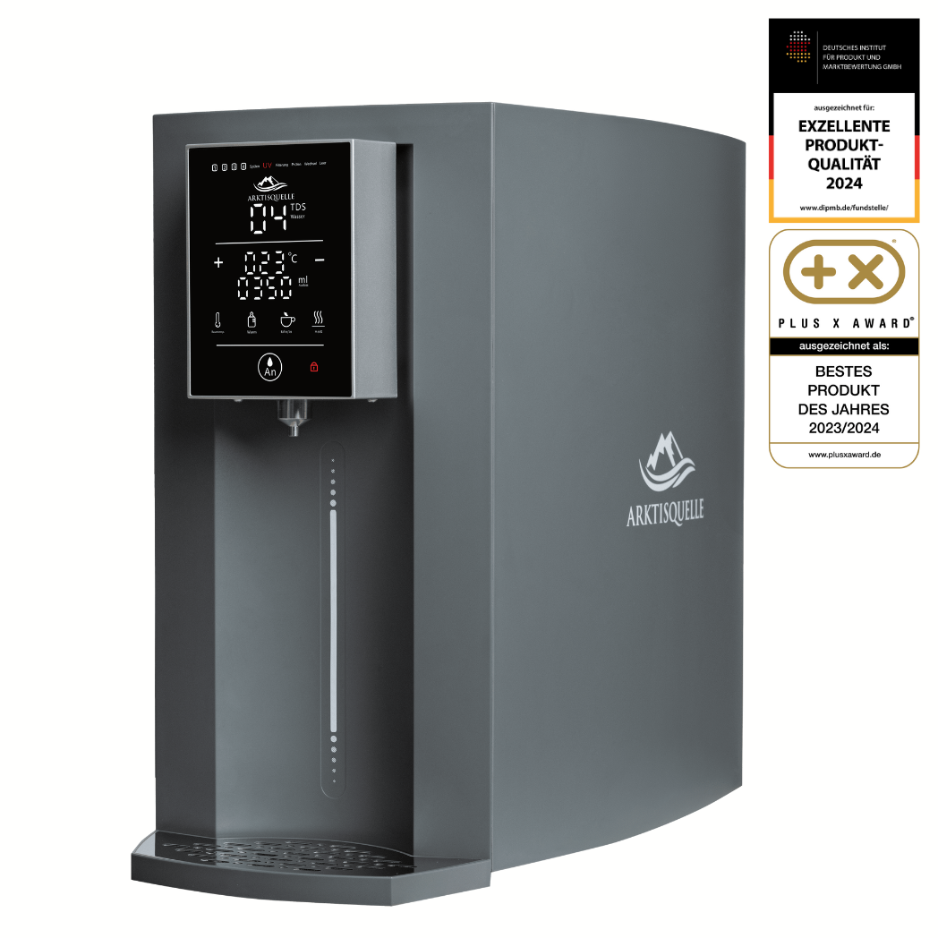 Arktisquelle Osmoseanlage in Anthrazit mit LED-Touchdisplay und Auszeichnungen für Produktqualität 2024