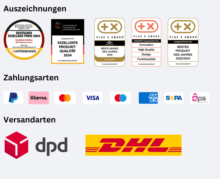Arktisquelle Auszeichnungen wie Plus X Award und Deutscher Exzellenz-Preis sowie Logos für Zahlungsmethoden und Versandarten mit DPD und DHL 