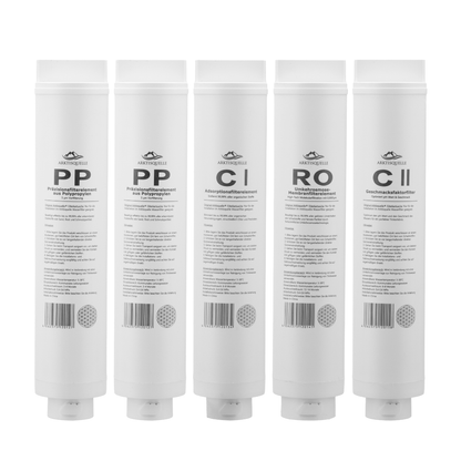 Arktisquelle Filterkartuschen-Set bestehend aus PP-, CI-, RO- und CII-Filtern zur vollständigen Wasseraufbereitung mit Sediment-, Aktivkohle-, Membran- und Geschmacksfilter