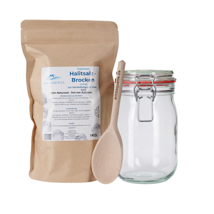 Halitsalz-Sole Starter-Set – Premium Halitsalz 1 kg + Glas + Holzlöffel