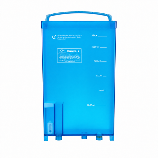 A blue translucent Arktisquelle water tank with a handle and volume markings from 1000ml to 3000ml, designed for clean home or office water usage.