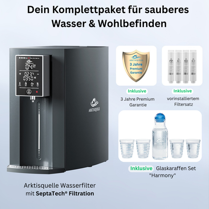 Arktisquelle osmosis water filter with digital display, including a 3-year warranty, pre-installed filter set, and a glass carafe set for the home.