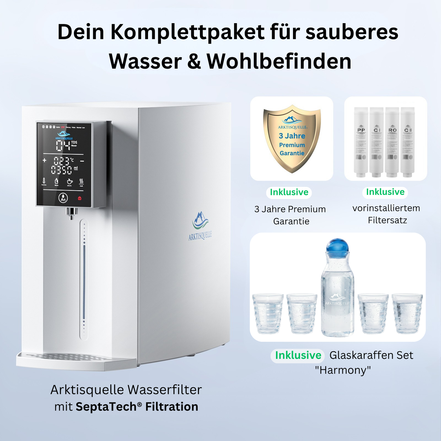 Arktisquelle osmosis water filter with digital display, including a 3-year warranty, pre-installed filter set, and a glass carafe set for home use.