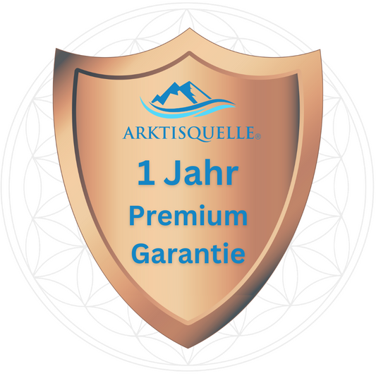 A bronze-colored shield emblem featuring the Arktisquelle logo and text indicating a one-year premium warranty for water filtration equipment.