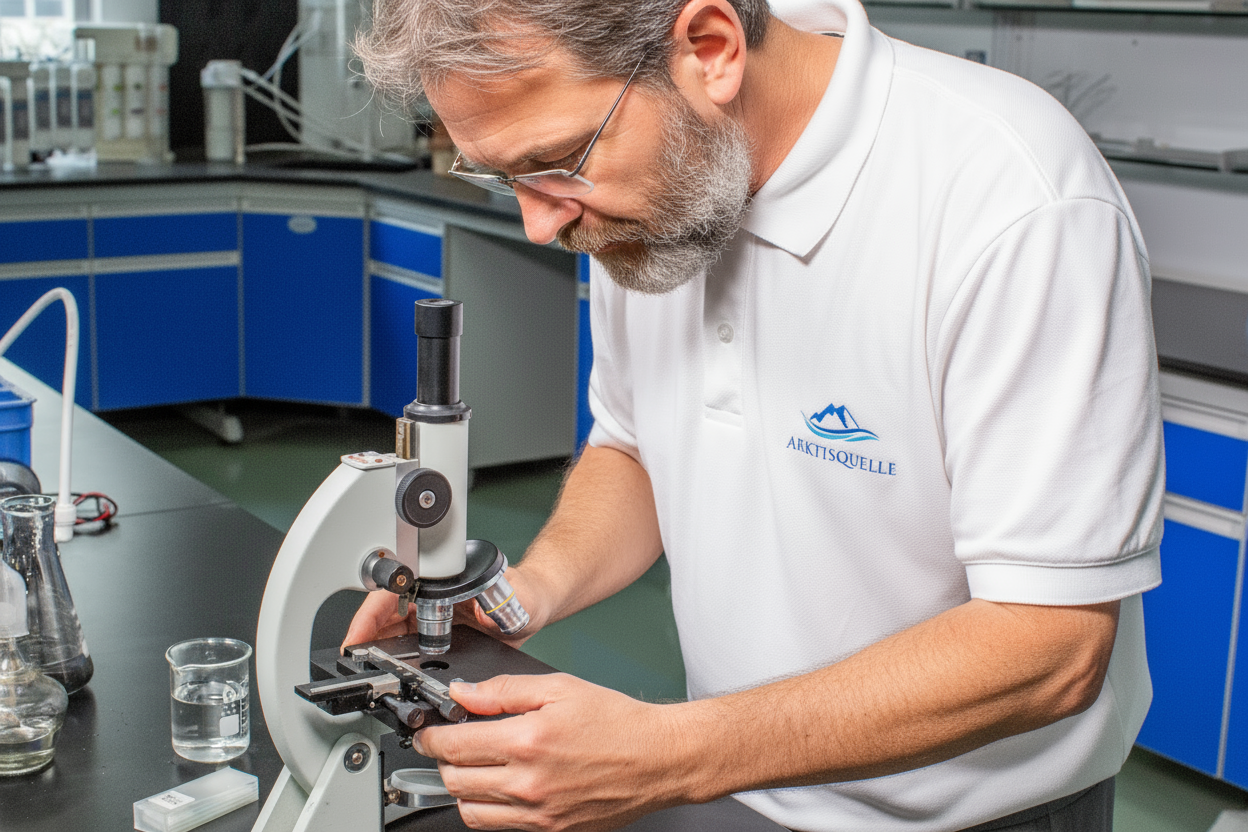 Laborant im Arktisquelle-Polohemd bei der Analyse einer Wasserprobe unter dem Mikroskop – Qualitätskontrolle und Forschung für höchste Wasserreinheit